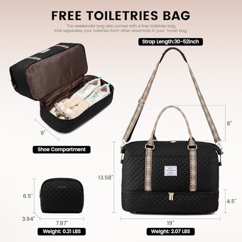 LOVEVOOK Travel Duffle Bag,Weekender Bags for Women with Shoe Compartment - color: Black-tape2, size: Large-2 Pcs