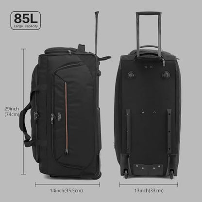 Large Rolling Duffle Bag with Wheels and Handle 85L 29 inch Travel Duffel Bag for Men Women with Shoe Compartment & Wet Pocket, 2 Wheeled Checked Luggage for Business Travel Long Trips, Black - color: Black