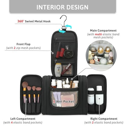 Pearl Angeli Hanging Travel Toiletry Bag for Women, Large Makeup Organizer - color: Black