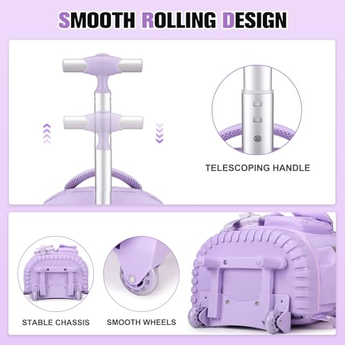 ACESAK 3PCS Rolling Backpack for Girls Children, Girls Backpack with Wheels - color: Purple