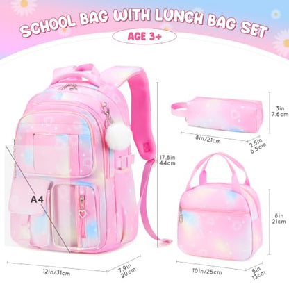 Backpack for Girls, Girls Backpack with Lunch Box & Pencil Case Set, 3PCS Kids Bookbag for Girl Teens, Waterproof School Backpack for Elementary Middle High School Students Ages 3-18 Pink Dreamy - color: Dreamy Pink