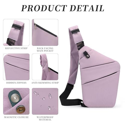 Anti Theft Crossbody Travel Bag - Multi-pocket Shoulder Bag with Adjustable Strap,Slim Sling Bag for Women Men - color: Lavender-left Shoulder