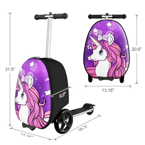 Baotree 2-in-1 Ride-On Scooter Suitcase, Scooter Luggage for Kids Ages 5-12, Foldable & Lightweight Carry with LED Light-Up Wheels - color: Purple-1