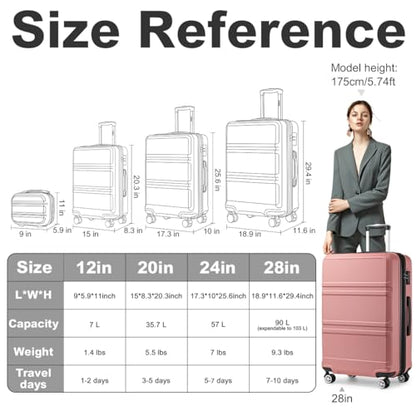 Kono 4 Piece Luggage Sets Expandable(only 28") with Spinner Wheels TSA Lock - color: Nude/Rose Pink, size: 4-piece Set (12/20/24/28)