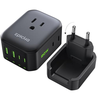 EPICKA PD 20W European Type C Travel Adapter, 2USB-A/2USB-C - style: Type C-for most Europe(Black)