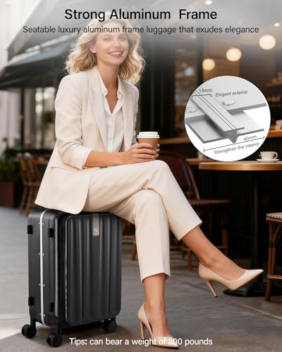 Hanke 24 Inch Checked Luggage PC Hard Shell Suitcases for Travel Front Opening Aluminum Frame Travel Luggage Rolling Suitcase with Wheels.(Jet Black) - color: Black, size: 24 Inch