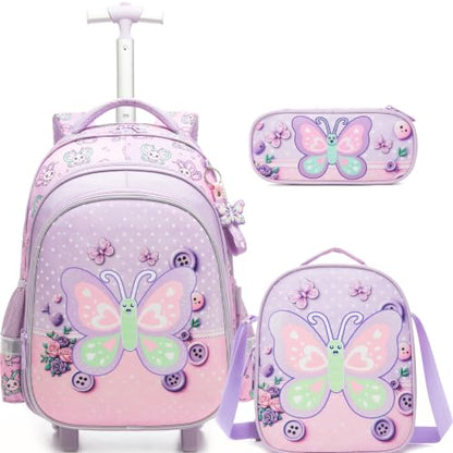 Meetbelify Rolling Backpack for Girls Butterfly Backpack with Wheels Kids Purple Roller Suitcase Travel Luggage for Elementary Student Ages 6-8 - color: Butterfly