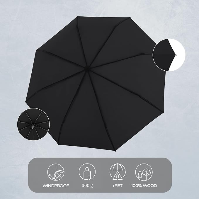 Knirps TIMBER Manual Umbrella - Compact Folding Rain Protection with German Beechwood Handle, Wind Tunnel Tested Frame, Portable Travel Design - color: Navy