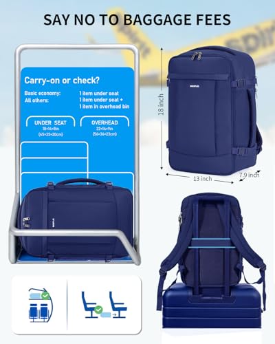 ECOHUB Travel Backpack Airlines Approved Personal Item Bag Carry On Backpack - color: Navy Blue, size: 18 inch underseat