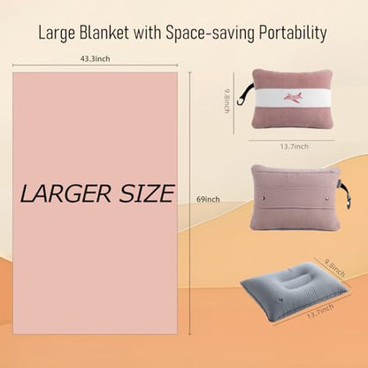 Melissa Large Soft Travel Blanket and Inflatable Pillow Set - color: Pink