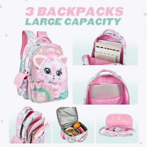 KidsPUNK Backpack for Girls Elementary:16 In School Bookbag with Lunch Box - color: 16 Inch Pink Cat 3 in 1