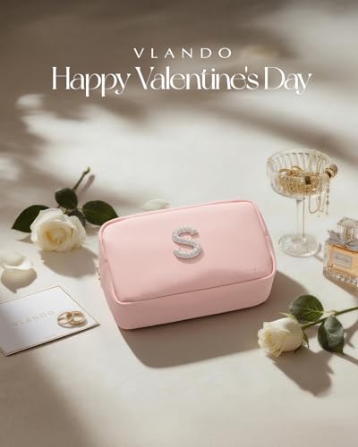 VLANDO Travel Makeup Bag with Pearl Monogram Patch,Pink S - color: 03-Pink-S