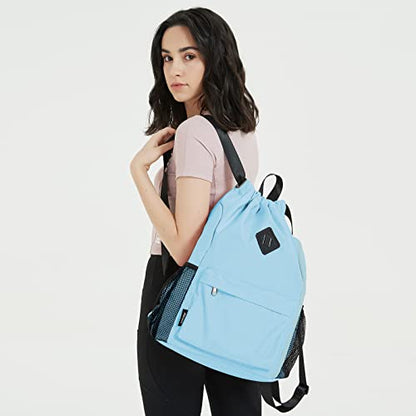 WANDF Drawstring Backpack with Shoe Compartment, Sports Gym Bag - color: L, Light Blue, size: Large
