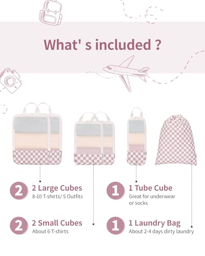 Narwey Compression Packing Cubes for Travel, Cute Luggage Organizer Bags - color: Z-Dusty Rose Checkerboard