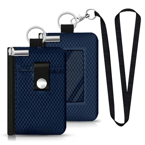 Minimalist RFID Blocking Small Wallet with ID Window,WaterResistant Zip Id Case Wallet with Lanyard Keychain for Cards,Cash,Travel,Women,Men (Dark blue) - color: Dark blue