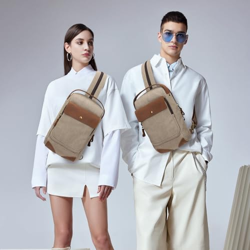 KL928 Canvas Sling Bag for Men Women, Casual Crossbody Backpack Travel Shoulder Daypacks Rucksack - color: Khaki