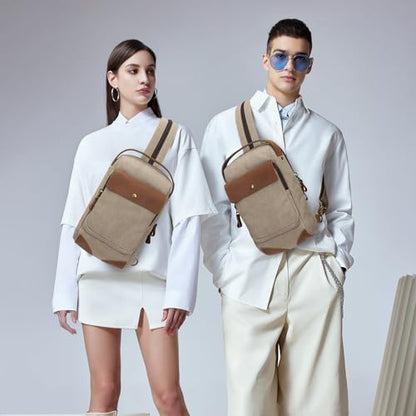KL928 Canvas Sling Bag for Men Women, Casual Crossbody Backpack Travel Shoulder Daypacks Rucksack - color: Khaki
