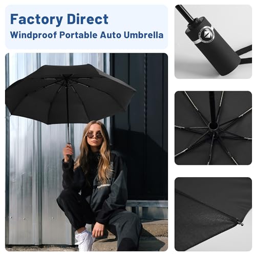 SY COMPACT Travel Umbrella for Rain, Windproof Automatic Compact Umbrella - color: black