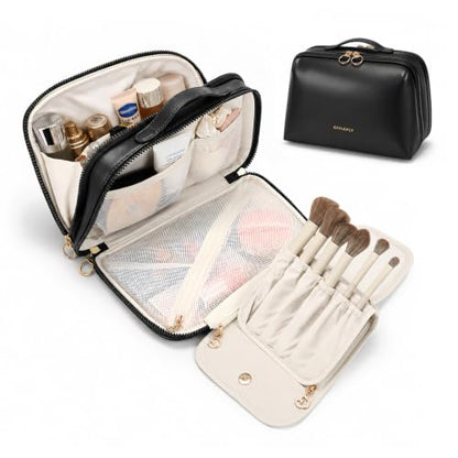 GIVLEFLY Travel Makeup Bag for Women, Organizer with Detachable Brush Case - color: Black