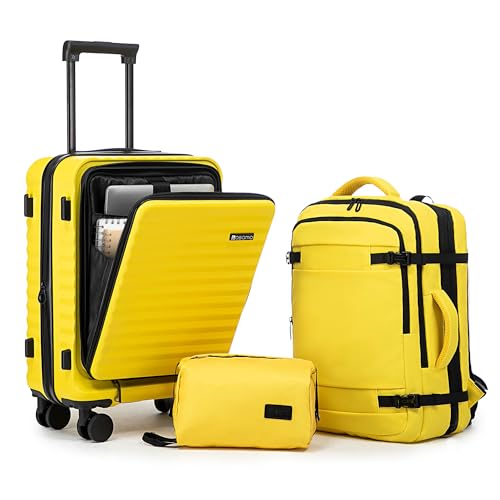 Rosamo 3 Piece Carry On Luggage Set, 20 Inch Front Opening Hardside Suitcase, Spinner Wheels, TSA Lock - color: Yellow