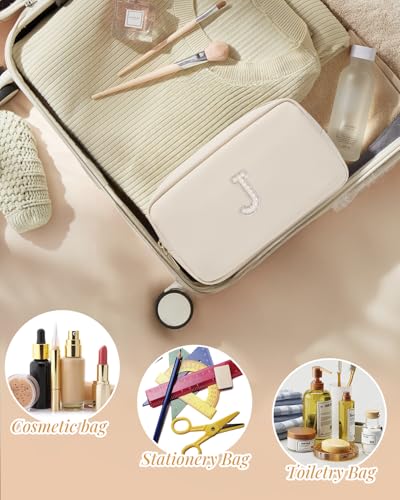 VLANDO Makeup Travel Case with Pearl Monogram Patch,Beige j - color: 03-White-J