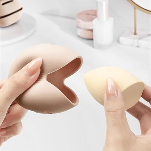 2-in-1 Silicone Makeup Brush Holder Travel Case, Khaki | Beauty Blender Pouch, Nylon Strap Closure, Odorless Waterproof, Fits 12 Full-Size Brushes - color: Khaki