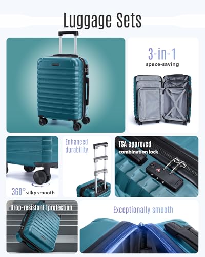 LIGHT FLIGHT Luggage Sets 3 Pcs Suitcase with Wheels,20"/24"/28", Teal Blue - color: Teal Blue, size: X Large
