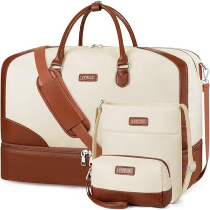 ITIEZY Weekender Bag for Women 21.5" Travel Duffel Large Carry On Bag 3PCS - color: 9-Beige