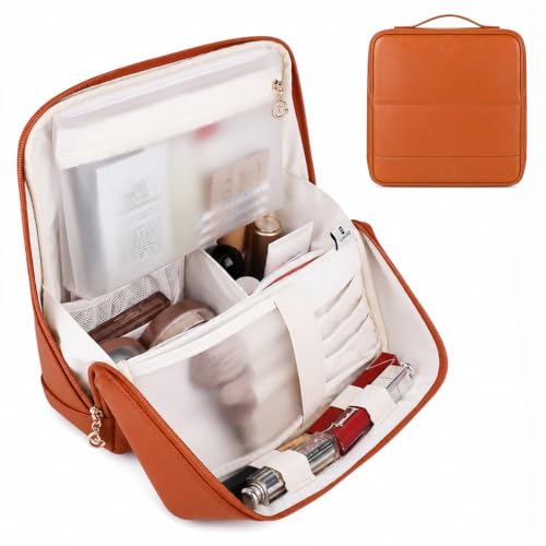 GIVLEFLY Standing Makeup Bag for Women, Large Travel Cosmetic Organizer - color: Brown