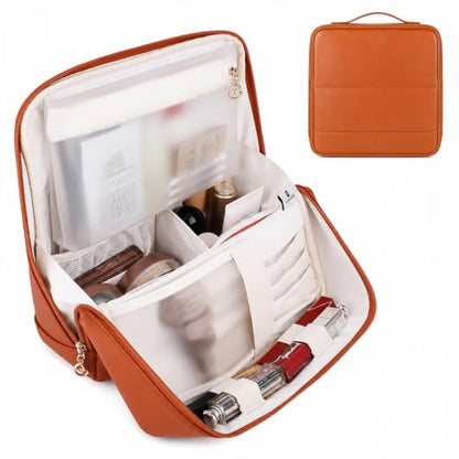 GIVLEFLY Standing Makeup Bag for Women, Large Travel Cosmetic Organizer - color: Brown