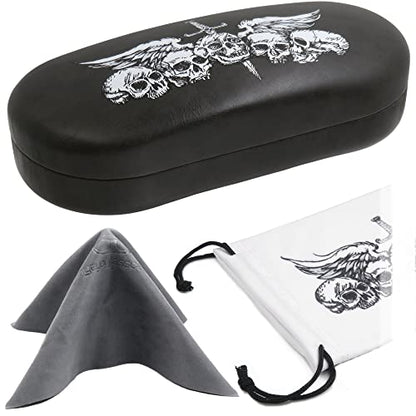 MyEyeglassCase - Large Sunglasses Case - Hard Glasses Case Holder w/Pouch & Cloth - Eyeglass Case Aviator Frames Men & Women - color: Grey Skulls