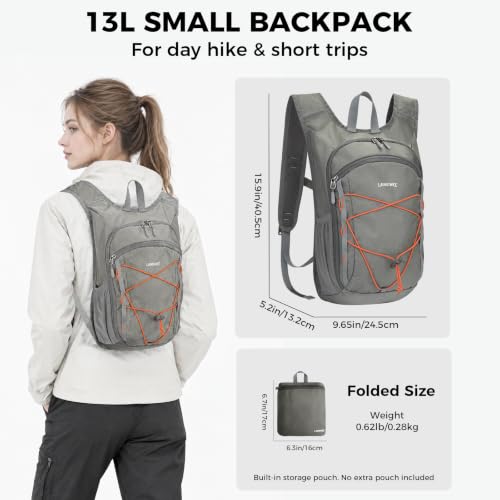 Small Hiking Backpack 13L Lightweight Foldable Travel Daypack for Men Women - color: Light Grey