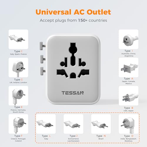 TESSAN Universal Travel Adapter, Power Adapter Worldwide - color: Grey&White-20W