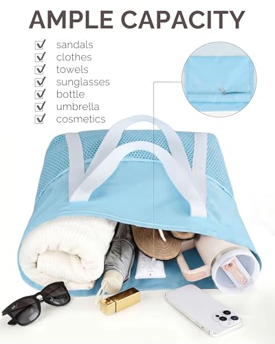 HOMESPON Beach Bag Large Waterproof Sandproof Tote for Women with Zipper and Mesh Pockets - color: Blue, size: Medium