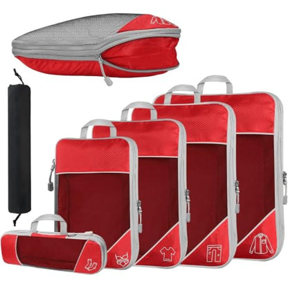 6Pcs Compression Packing Cubes Set, Waterproof Travel Luggage Organizer with Drawstring Bag, Lightweight Nylon Suitcase Storage Bags for Travel Camping Business Trip(Red) - color: Red