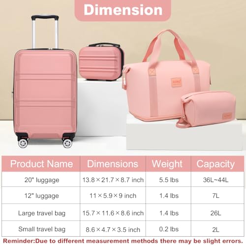 Kono Luggage Set 4 Piece Carry On Hardside Luggage with Spinner Wheels - color: Nude/Rose Pink, size: 12+20-inch/Db/Tb