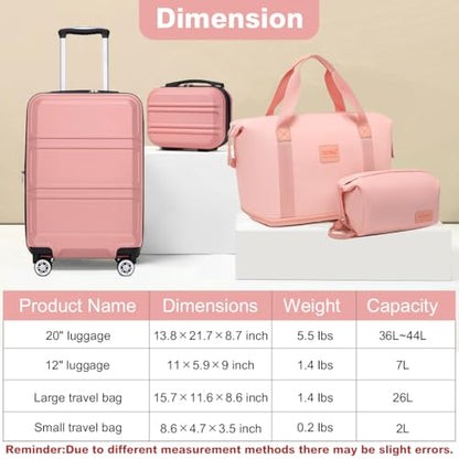 Kono Luggage Set 4 Piece Carry On Hardside Luggage with Spinner Wheels - color: Nude/Rose Pink, size: 12+20-inch/Db/Tb