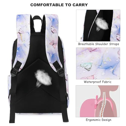 Fuyicat School Backpack Set for Girls, 3-in-1 Kids Teens Elementary Middle School Bags Bookbag with Lunch Bag Pencil Case - color: Marble Butterfly Purple
