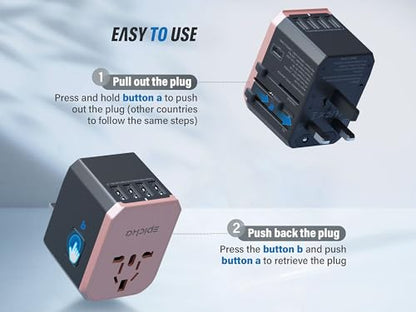 EPICKA Universal Travel Adapter with 1AC/1 USB-C/4 USB-A Ports - color: Rose Gold