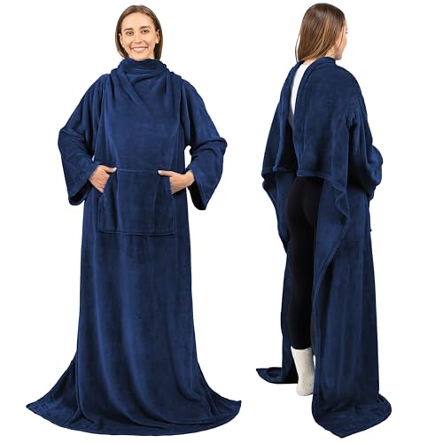PAVILIA Blanket with Sleeves for Adult Women Men, Soft Warm Wearable Blanket Fleece Wrap Throw, Robe Blanket Gift - color: Navy