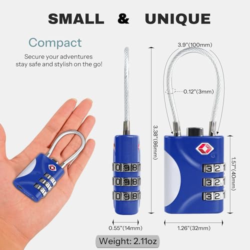 TSA Approved Locks for Luggage, Small Combo Lock with Code, Travel Padlock with Cable, TSA 007 Lock for Suitcase, Locker, Gym, Cabinet, Gun Case, Backpack, Zipper Locks for Travel (Blue) - color: Blue