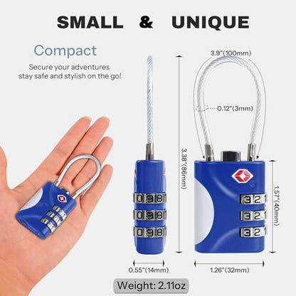 TSA Approved Locks for Luggage, Small Combo Lock with Code, Travel Padlock with Cable, TSA 007 Lock for Suitcase, Locker, Gym, Cabinet, Gun Case, Backpack, Zipper Locks for Travel (Blue) - color: Blue