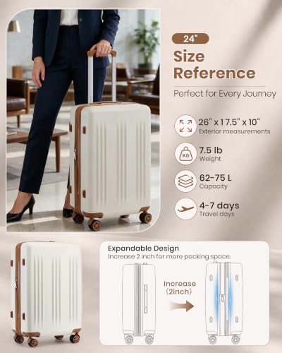 Kono 24 Inch Expandable Checked Luggage with Spinner Wheels TSA Lock Cream - color: Cream White, size: 24"