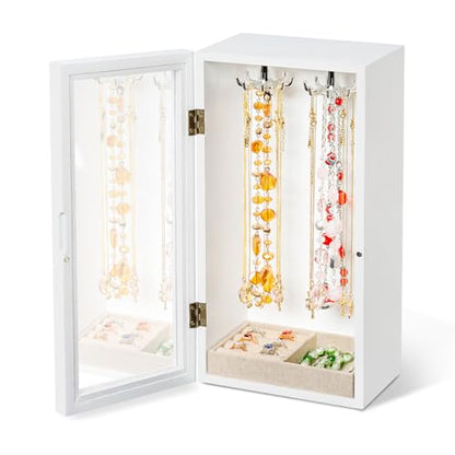 Necklace Holder Organizer with Rotating Hooks, Wooden Jewelry Box - color: White