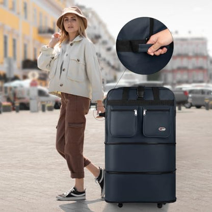 36'' Expandable Rolling Duffel Bag Suitcases w/Wheels,Foldable Luggage Bag - color: Navy, size: 36"