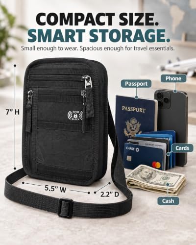 Passport Holder for Travel, RFID Blocking Neck Wallet, 9 Pockets - color: Black