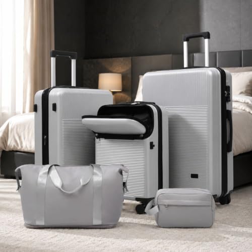 5 Piece Hardside Luggage Set with Half-Opening Front Compartment, Carry On Suitcase with Double Spinner Wheels, Lightweight Travel Luggage with USB Port and TSA Locks - color: Silver