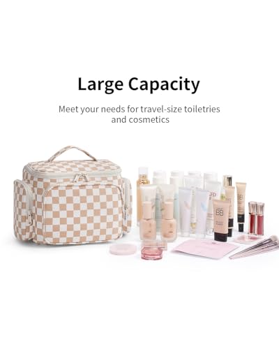 Narwey Hanging Travel Toiletry Bag for Women, Large Makeup Cosmetic Bag - color: A-Brown Checkerboard