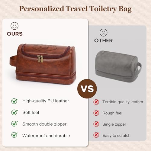 Customized Gifts Travel Leather Toiletry Bag for Mens, Engraved Name Initial PU Leather Waterproof Large Shaving Bag with Hooks, Unique Birthday Gifts for Him Men Dad Son Brother,G
