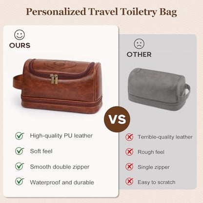 Customized Gifts Travel Leather Toiletry Bag for Mens, Engraved Name Initial PU Leather Waterproof Large Shaving Bag with Hooks, Unique Birthday Gifts for Him Men Dad Son Brother,G